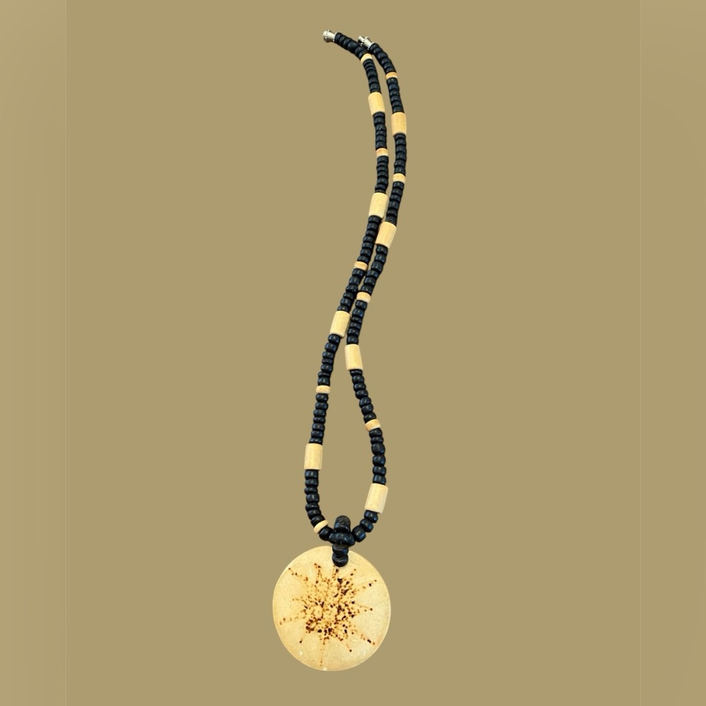 Vintage Handmade Beaded Wood Pendant Necklace